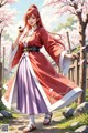 A woman in traditional red and purple attire stands outdoors with cherry blossoms in the background.